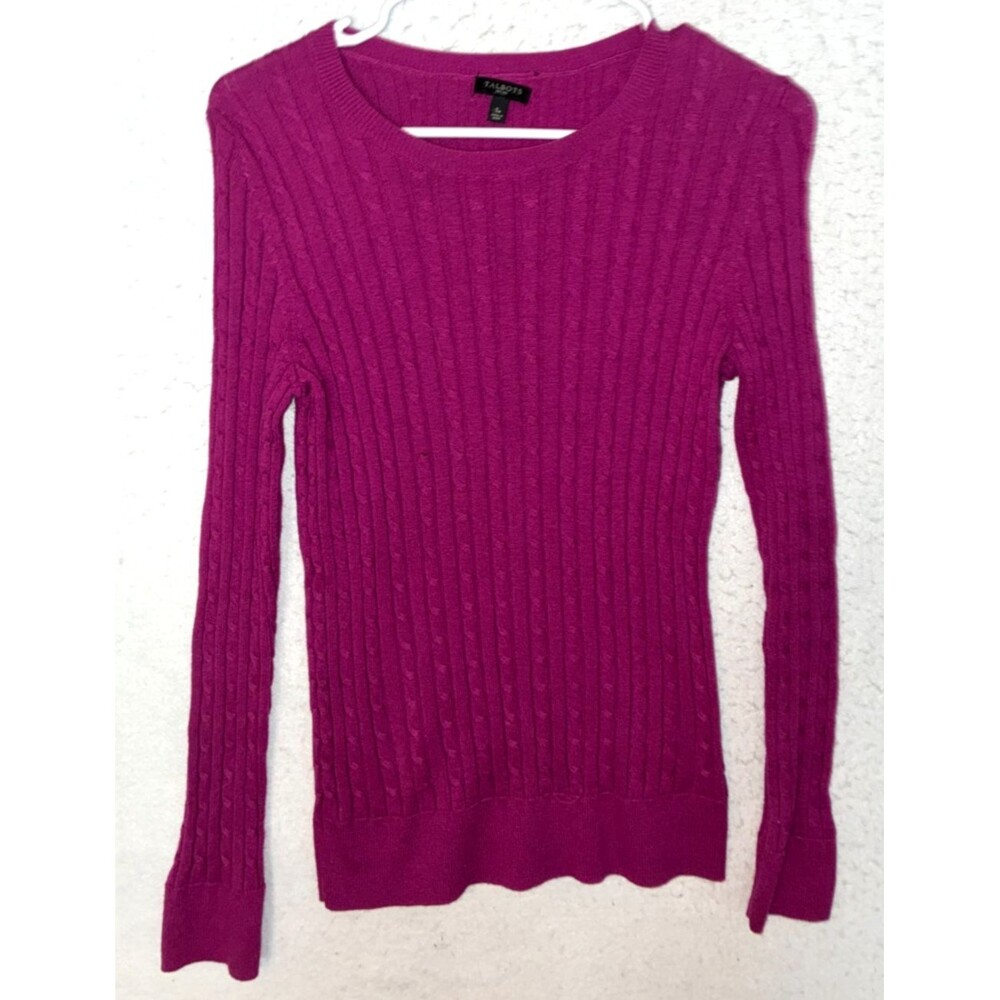 Talbots Petites 100% Cable Knit Sweater Size SP Crew neck Wool Cotton Purple